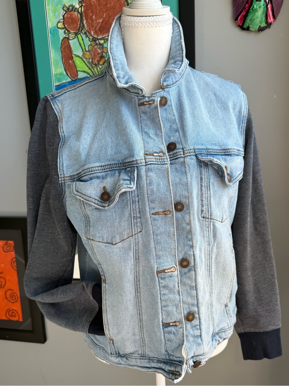 Sky & Sparrow Upcycled Light Wash Denim Jacket with Navy Knit Sleeves